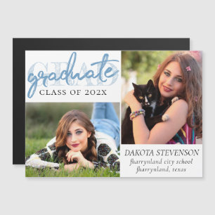 Graduate Blue Script   Cool Brush 2 Photo Keepsake Magnetic Invitation