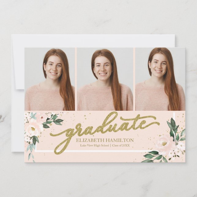 Graduate Blush Floral Grad Announcement 3 Photo (Front)