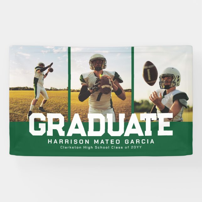 Graduate bold sporty green three photo graduation banner (Horizontal)