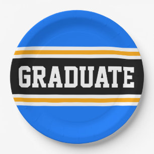 GRADUATE Bright Blue Black Yellow Racing Stripes Paper Plate