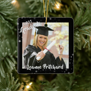 Graduate Brush Script 2 Photo Stars Black Keepsake Ceramic Ornament