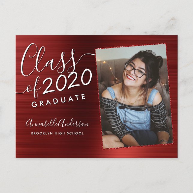 Graduate Burgundy Brushed Metal Photo Graduation Announcement Postcard (Front)