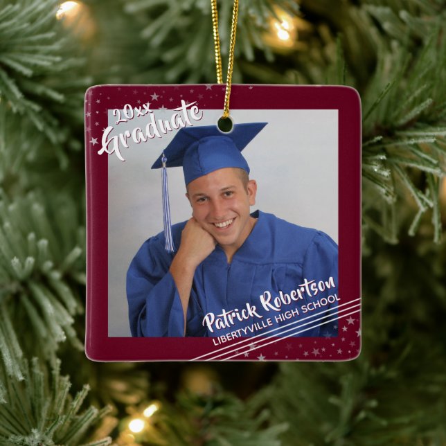 Graduate Burgundy Maroon Brush Script Stars Photo Ceramic Ornament (Tree)