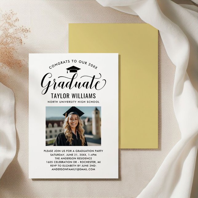 Graduate Calligraphy Photo Gold Graduation Party Invitation (Creator Uploaded)