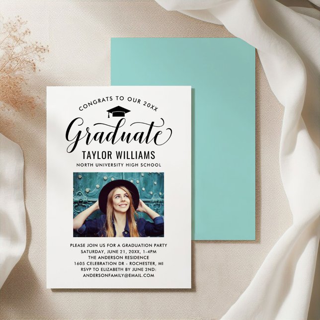 Graduate Calligraphy Photo Teal Graduation Party Invitation (Creator Uploaded)