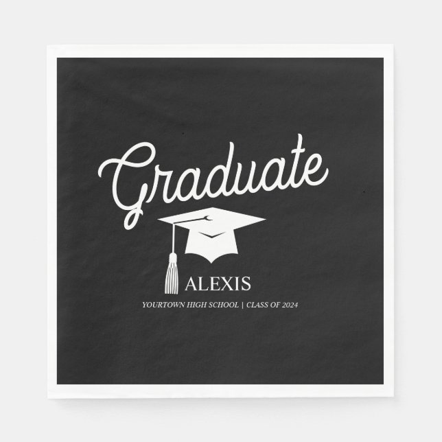 Graduate Cap Black White Name Class of Napkin (Front)