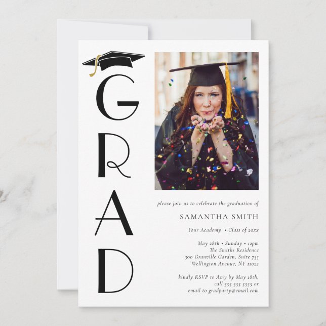Graduate Cap Modern Typography Graduation Party Invitation (Front)
