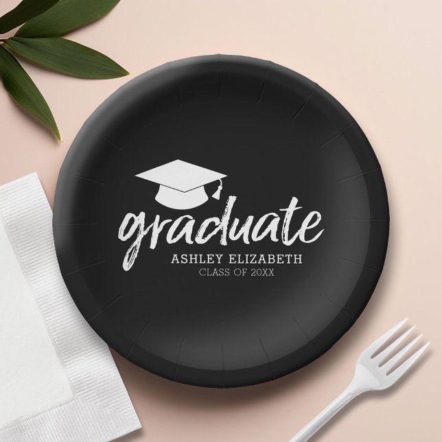 Graduate Cap with Class of and Name - Change Black Paper Plate (Custom Paper Plate)
