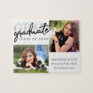 Graduate Chic Script   Simple 2 Photo Keepsake Jigsaw Puzzle