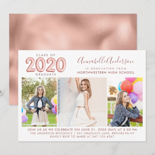 Graduate Class 2020 Rose Gold Balloon Graduation Invitation (Front/Back)