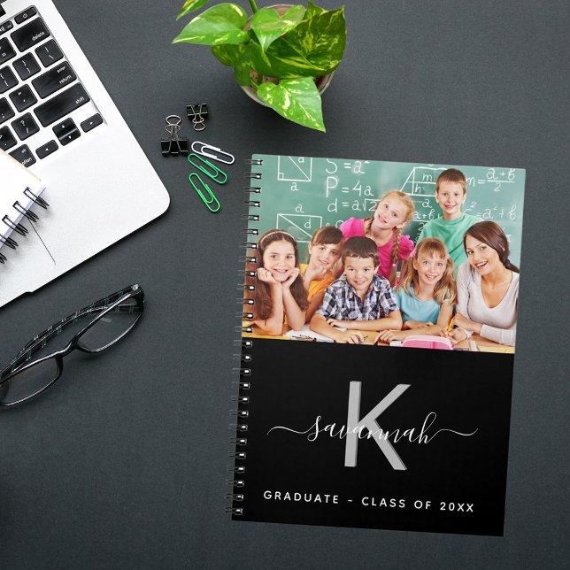 Graduate class 2025 photo black white monogram notebook (Creator Uploaded)