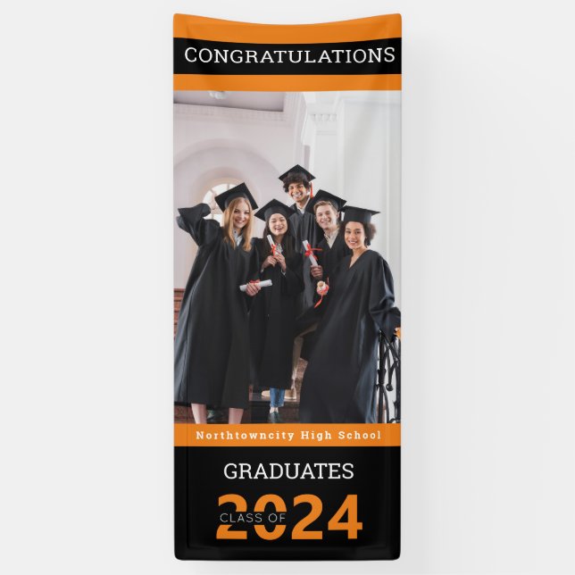 Graduate Class Black Orange Photo Graduation Banne Banner (Vertical)