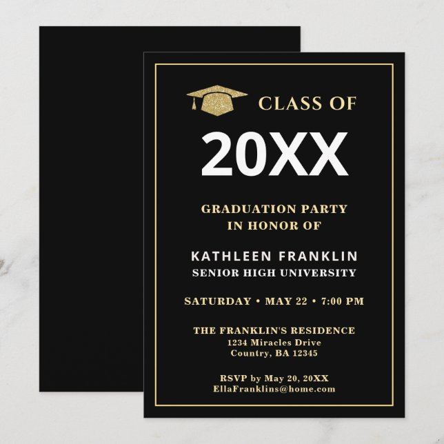 Graduate Class Graduation Gold Black Elegant Invitation (Front/Back)
