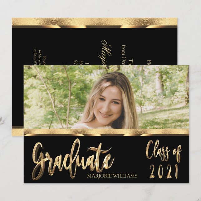 Graduate Class of 2021 Black and Gold Script Invitation (Front/Back)