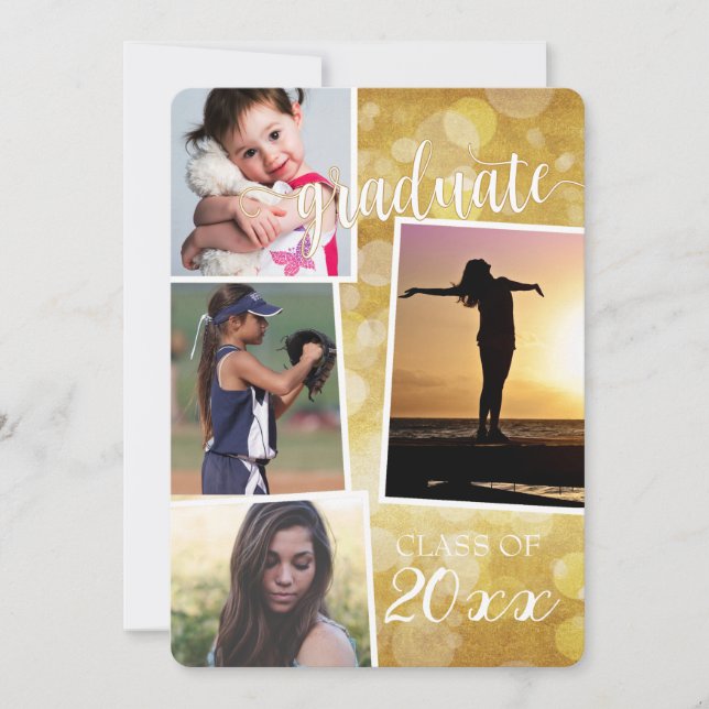 Graduate Class of 20__ Gold Bokeh with 4 pics Invi Invitation (Front)
