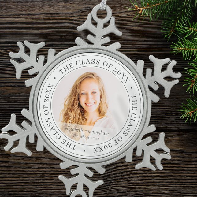 Graduate Class of 20XX Simple Modern Custom Photo Snowflake Pewter Christmas Ornament (Creator Uploaded)