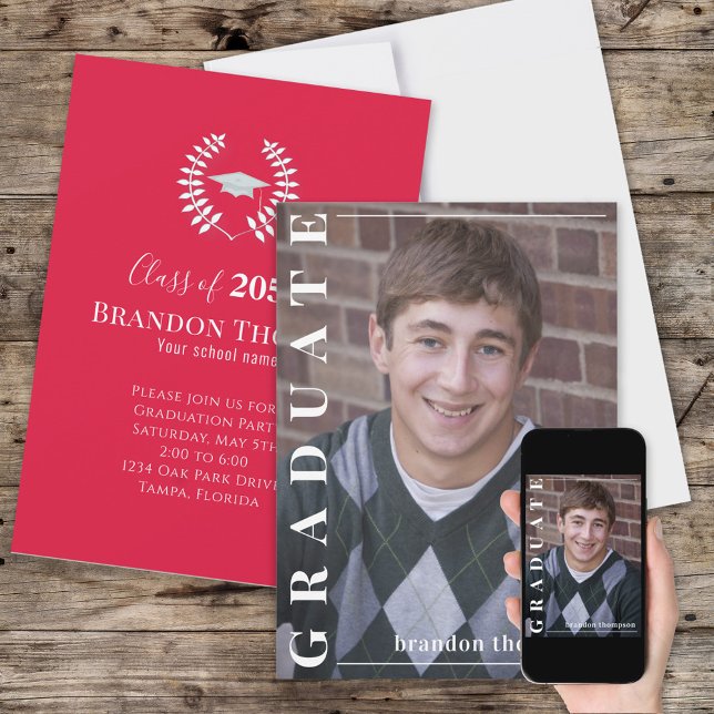 Graduate Classic Photo Simple Laureate Crimson Red Invitation (Creator Uploaded)