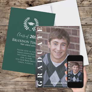 Graduate Classic Photo Simple Laureate Dark Green Invitation