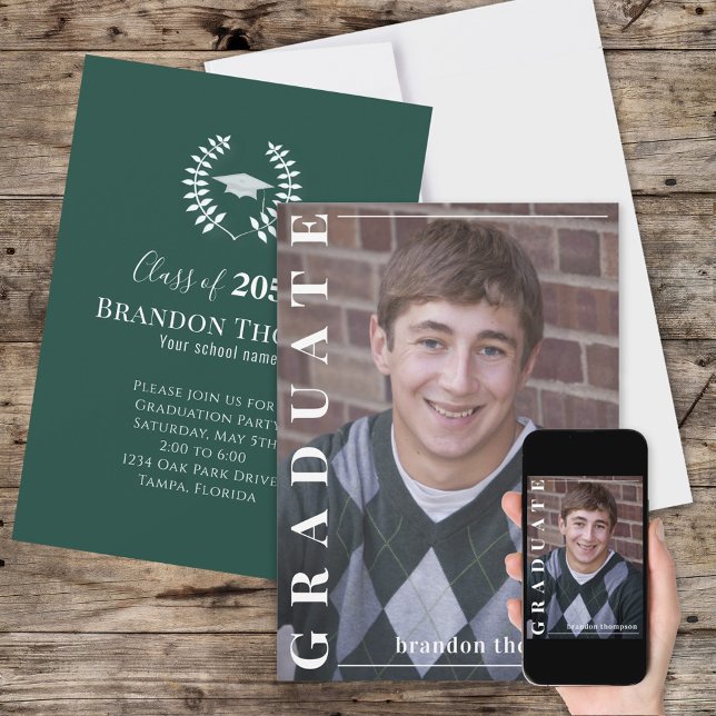 Graduate Classic Photo Simple Laureate Dark Green Invitation (Creator Uploaded)
