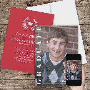 Graduate Classic Photo Simple Red Laureate Grad Invitation