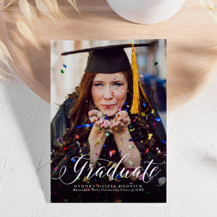 Graduate classic script red photo graduation announcement