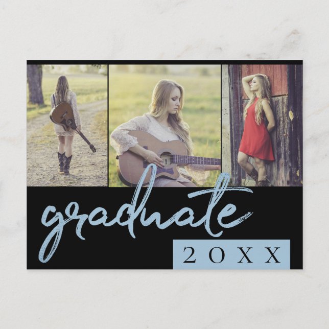 Graduate Collage | Blue Script 3 Photo Keepsake Invitation Postcard (Front)