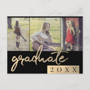 Graduate Collage Gold Script 3 Photo Keepsake Invitation Postcard