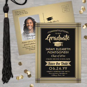 Graduate Congrats Black & Gold Save the Date Photo Announcement Postcard