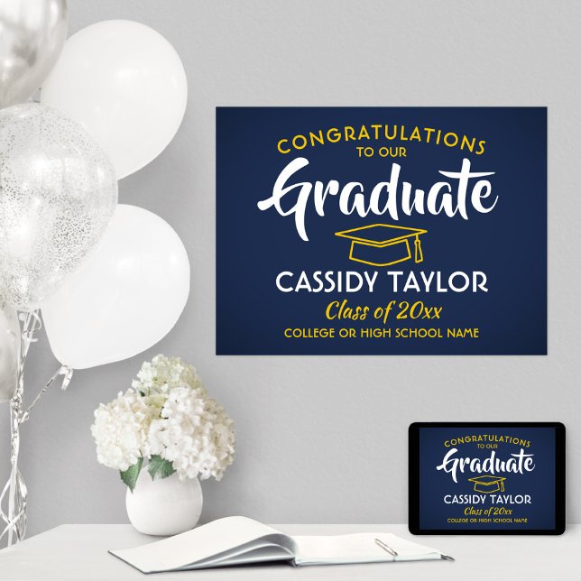 Graduate Congrats Navy Blue and Gold Graduation Poster (Creator Uploaded)