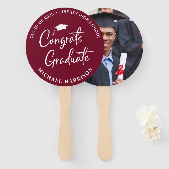 Graduate Congratulations Photo Burgundy Hand Fan (Front and Back)