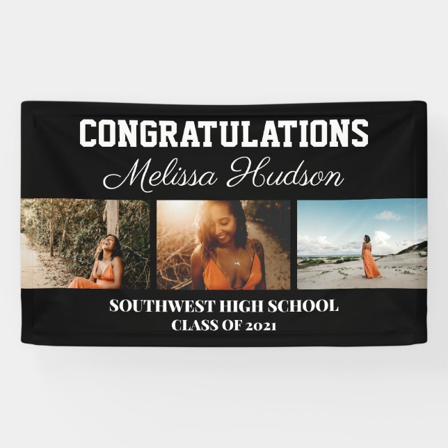 Graduate Congratulations Script Three Photo Black Banner (Horizontal)