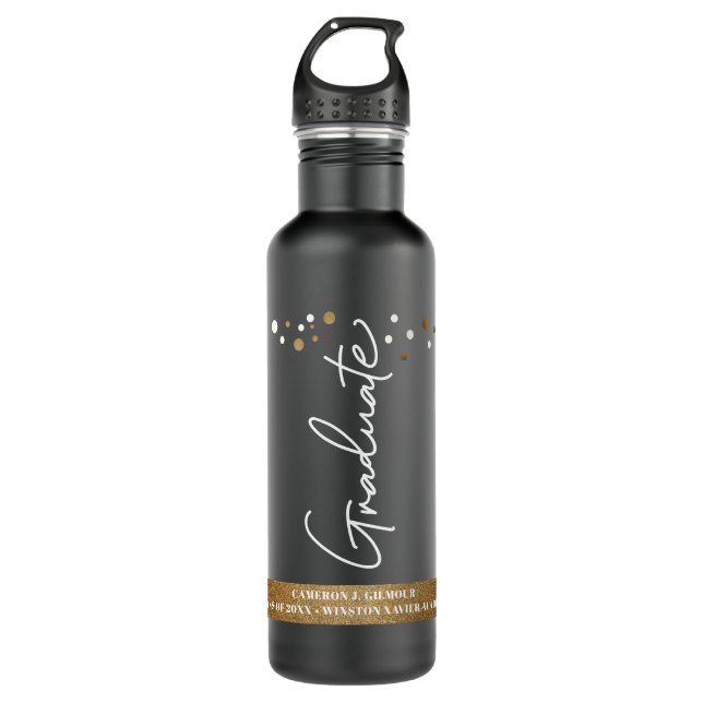 Graduate Custom School name Confetti Gold black  710 Ml Water Bottle (Front)