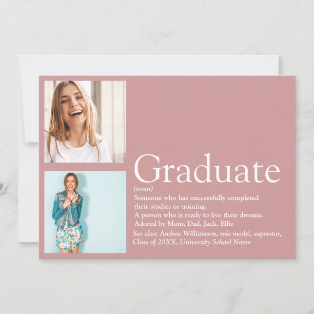 Graduate Definition 2 Photo Modern Pink Invitation (Front)