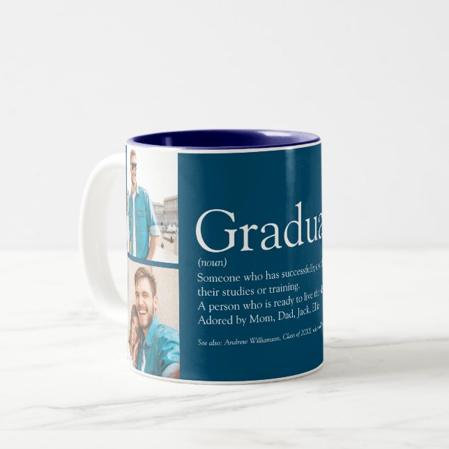 Graduate Definition Photo Collage Fun Blue Two-Tone Coffee Mug (Front Left)