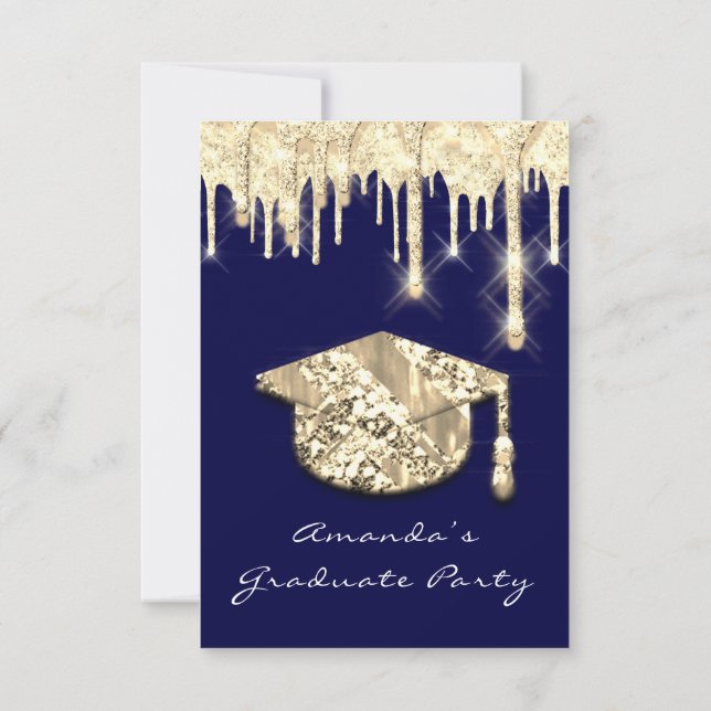 Graduate Drips Gold Cap 3D Glam Blue Navy Invitati Invitation (Back)
