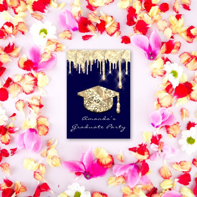 Graduate Drips Gold Cap 3D Glam Blue Navy Invitation (Creator Uploaded)