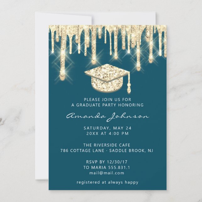 Graduate Drips Gold Cap Glitter Glam Teal 3D Invitation (Front)