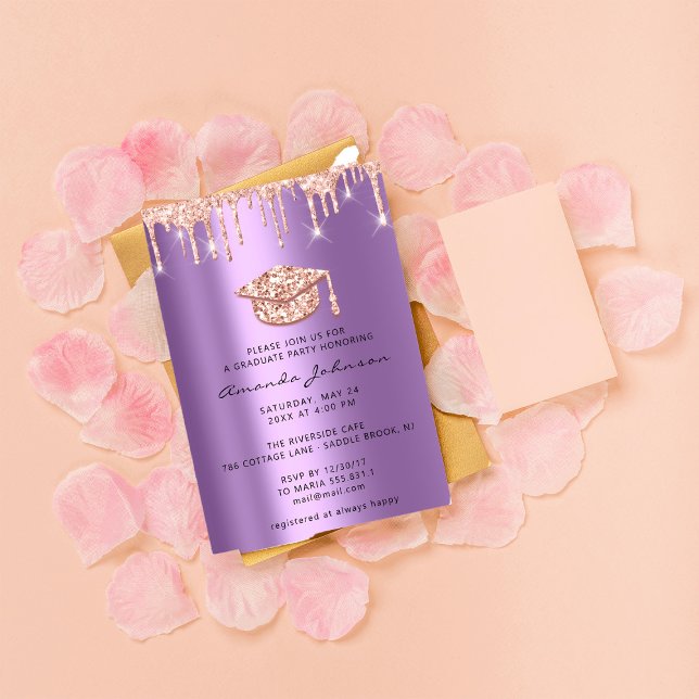 Graduate Drips Rose Gold Cap 3D Glam Purple Violet Invitation (Creator Uploaded)