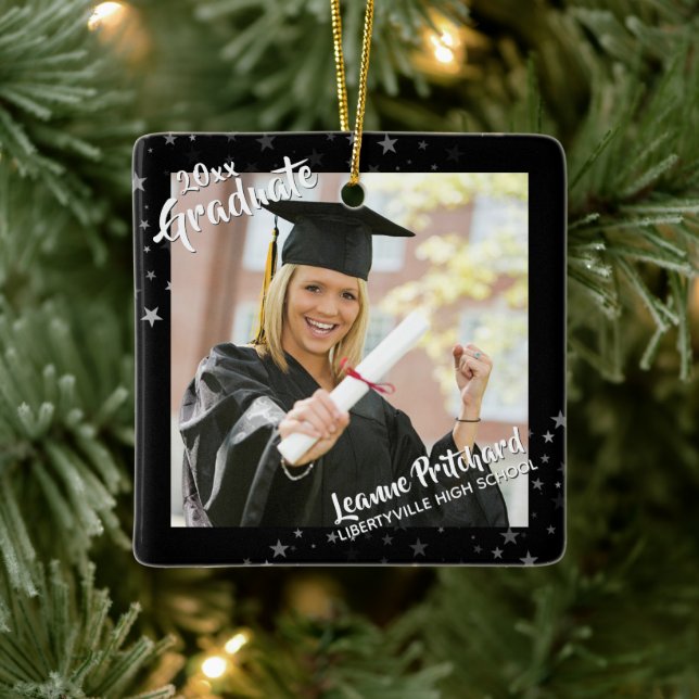 Graduate Editable Black & Stars Two-Photo Ceramic Ornament (Tree)