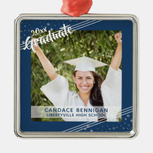 Graduate, Editable Blue, Lines & Stars Keepsake Metal Tree Decoration