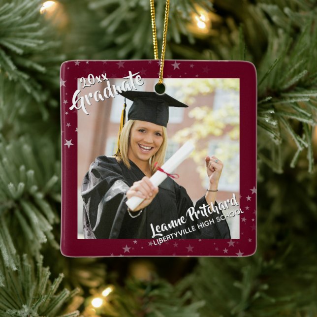 Graduate Editable Burgundy & Stars, Two-Photo Ceramic Ornament (Tree)