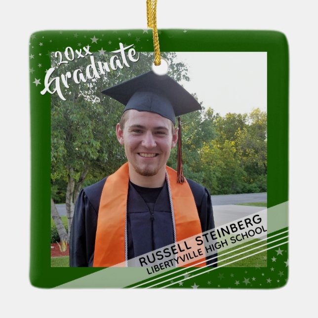 Graduate, Editable Green Border, Two-Photo Ceramic Ornament (Front)