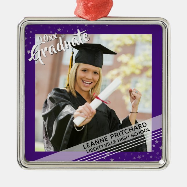 Graduate, Editable Purple Border, Photo Metal Tree Decoration (Front)