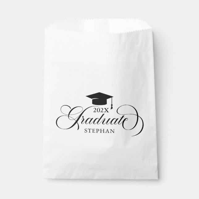 Graduate Elegant Black Script Typography Favour Bags (Front)
