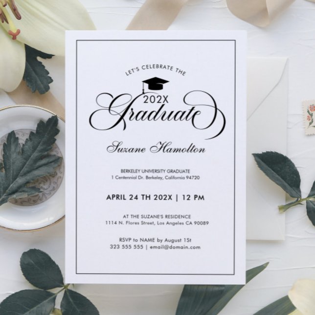 Graduate Elegant Black White Script Typography Invitation (Creator Uploaded)