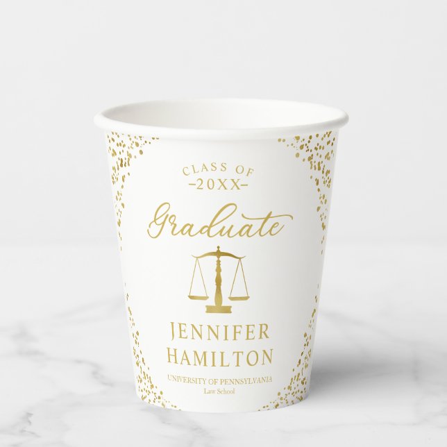 Graduate Elegant Gold Blue Law School Graduation Paper Cups (Front)