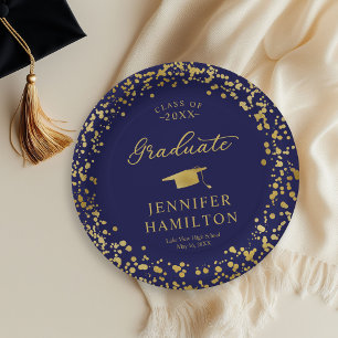 Graduate Elegant Gold Confetti On Blue Graduation Paper Plate