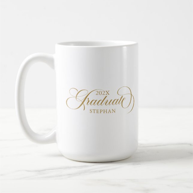 Graduate Elegant Gold Script Typography Coffee Mug (Left)