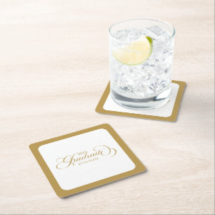 Graduate Elegant Gold Script Typography Square Paper Coaster