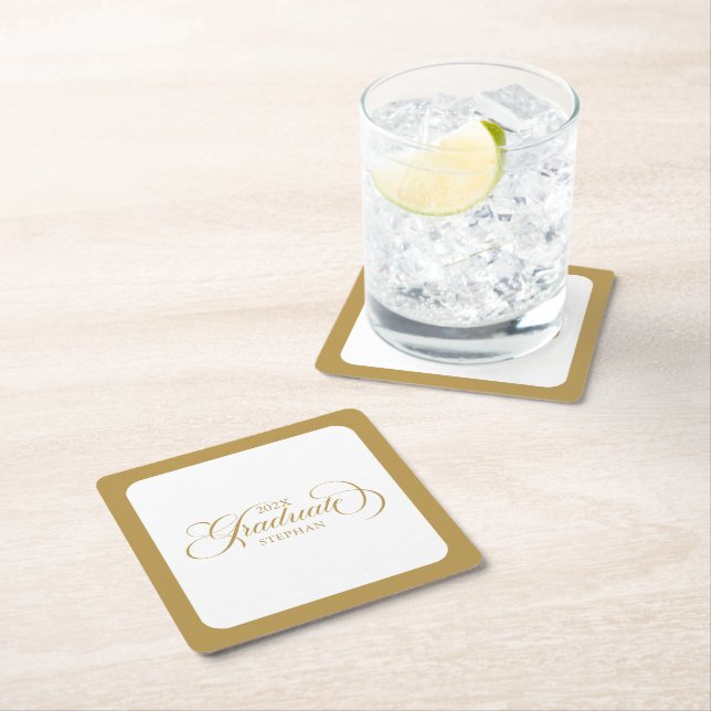 Graduate Elegant Gold Script Typography Square Paper Coaster (Insitu)